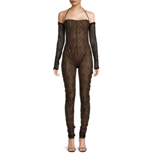 LaQuan Smith Sheer Lace Halterneck Catsuit