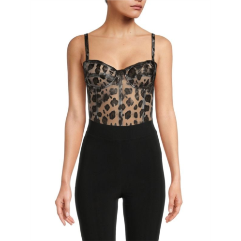 LaQuan Smith Leopard Print Sheer Bodysuit