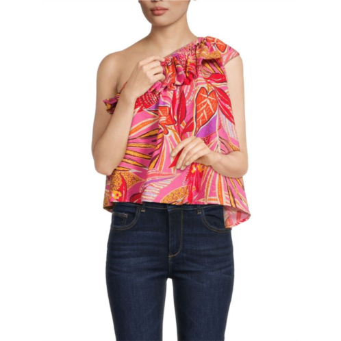 Renee C. Floral Ruffle One Shoulder Top