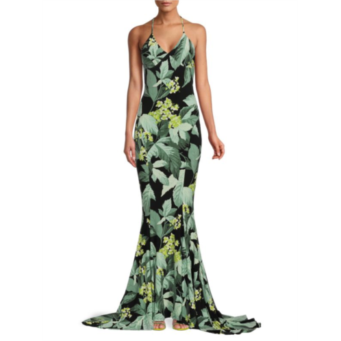 Norma Kamali Floral Print Open Back Trumpet Gown