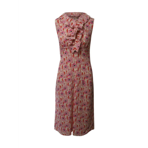 Prada Sleeveless Floral Print Ruffled Neckline Dress In Multicolor Cotton