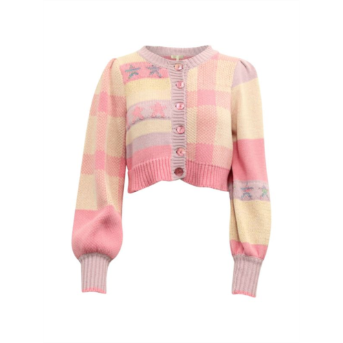 Love Shack Fancy Bedford Jacquard Cropped Cardigan In Pink Cotton