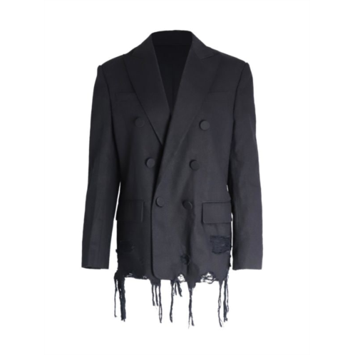 Alexander Wang Distressed Hem Double-Breasted Blazer In Black Cotton