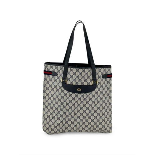 Gucci Tote Gg Monogram Canvas Navy Leather Trim Large Hand Tote Bag Preowned