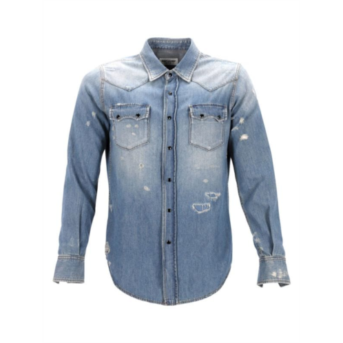 Saint Laurent Distressed Denim Shirt In Blue Cotton
