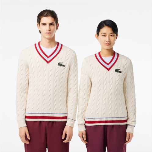 Lacoste Cotton Cable Knit V Neck Sweater