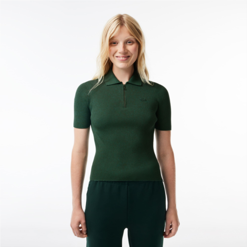 Lacoste Womens Zip Neck Rib Knit Polo