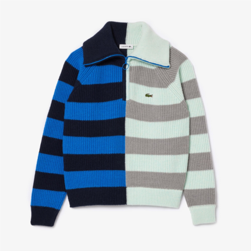 Lacoste Womens Wool Zip Neck Contrast Stripe Colorblock Sweater