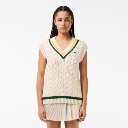 Lacoste Womens Cable Knit Contrast Trim V-Neck Sweater Vest
