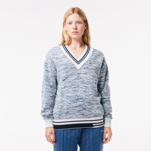 Lacoste Womens Contrast Stripe V-Neck Alpaca Sweater