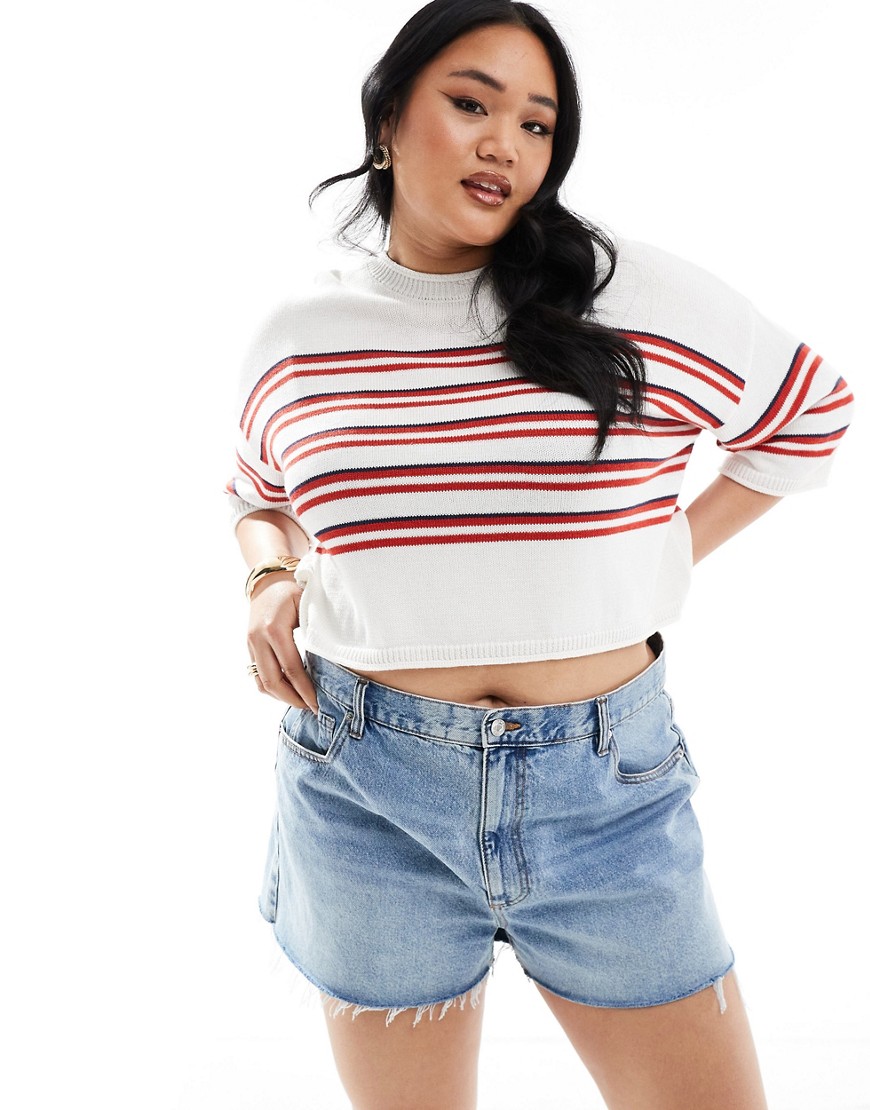 ASOS Curve ASOS DESIGN Curve knitted short sleeve sweater in red stripe