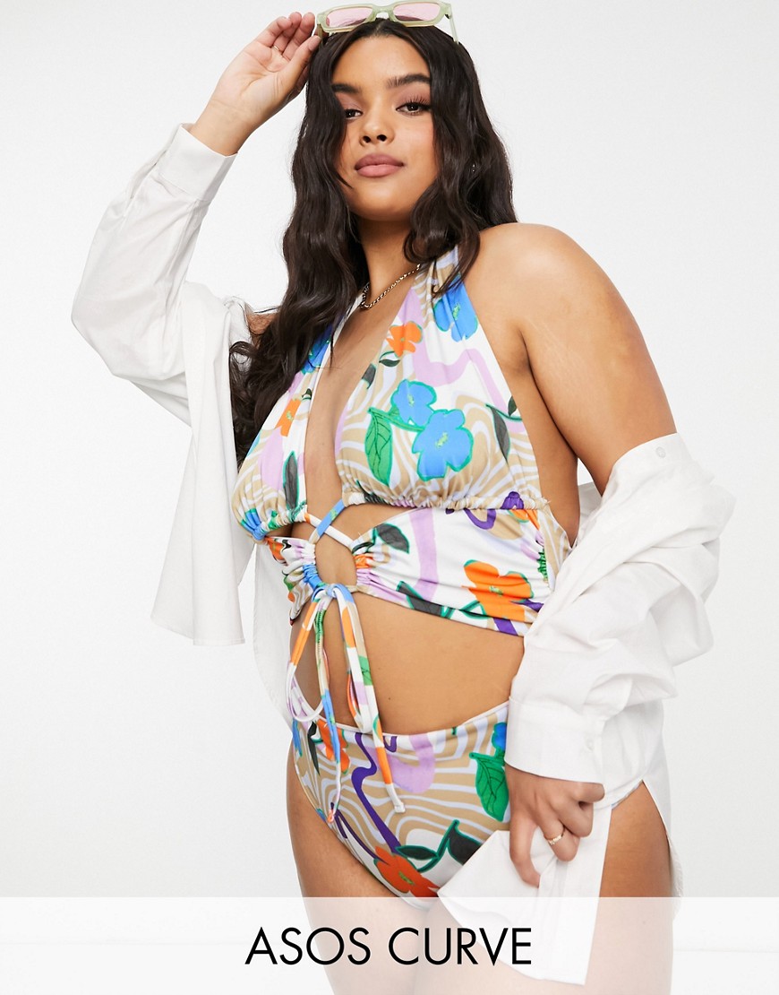 ASOS Curve ASOS DESIGN Curve lace swimsuit in floral swirl print