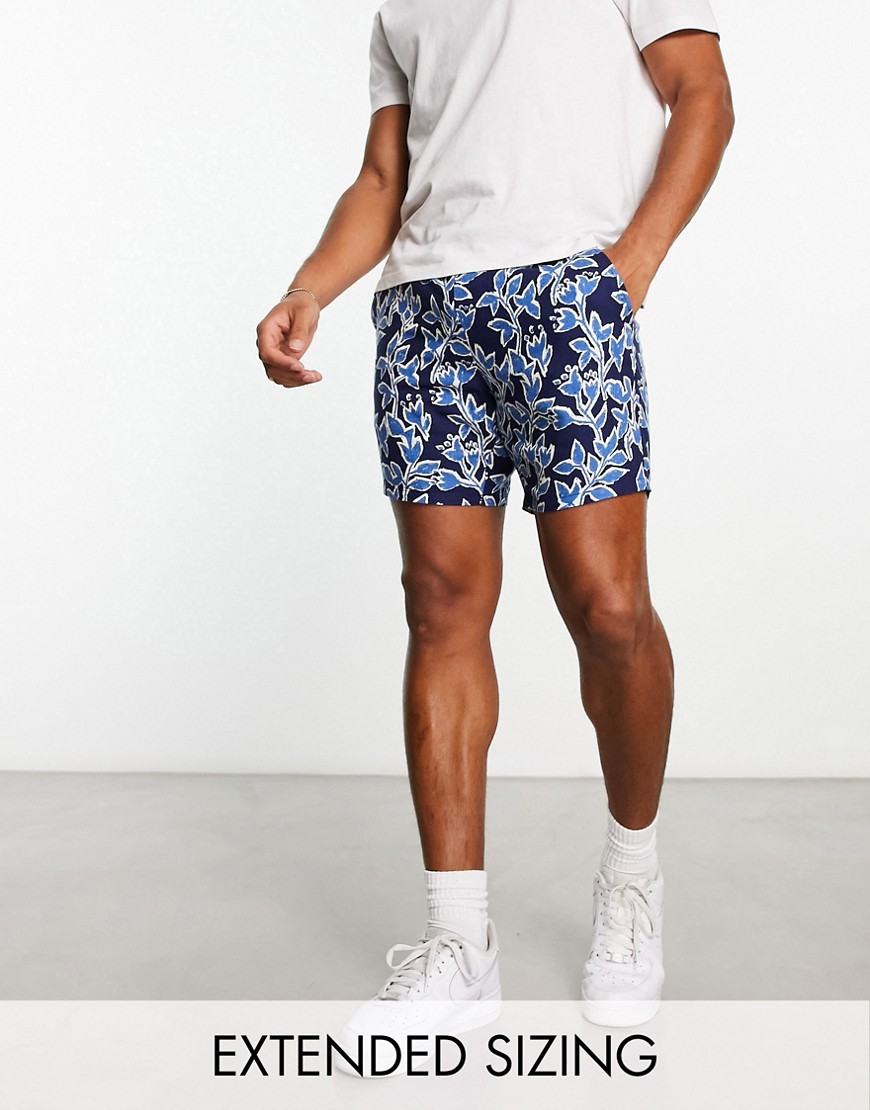 ASOS DESIGN slim linen shorts in mid length in blue floral