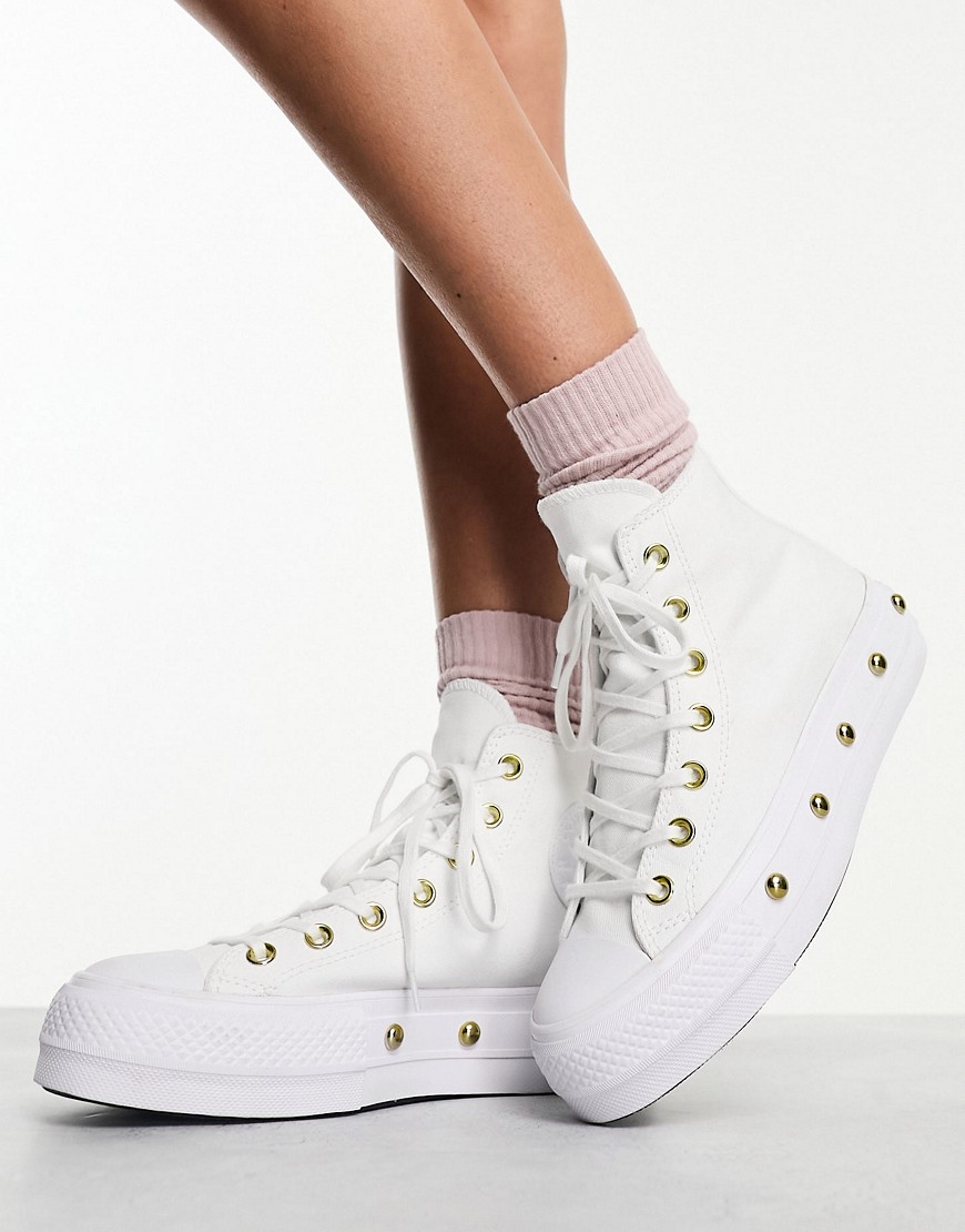 Converse Chuck Taylor All Star Lift star studded platform sneakers in white and gold