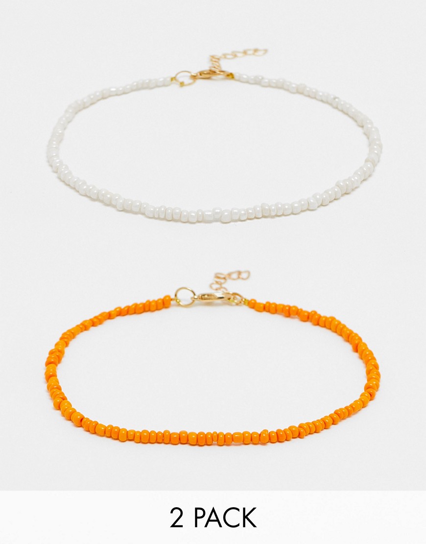 DesignB London pack of 2 beaded anklets in white and orange