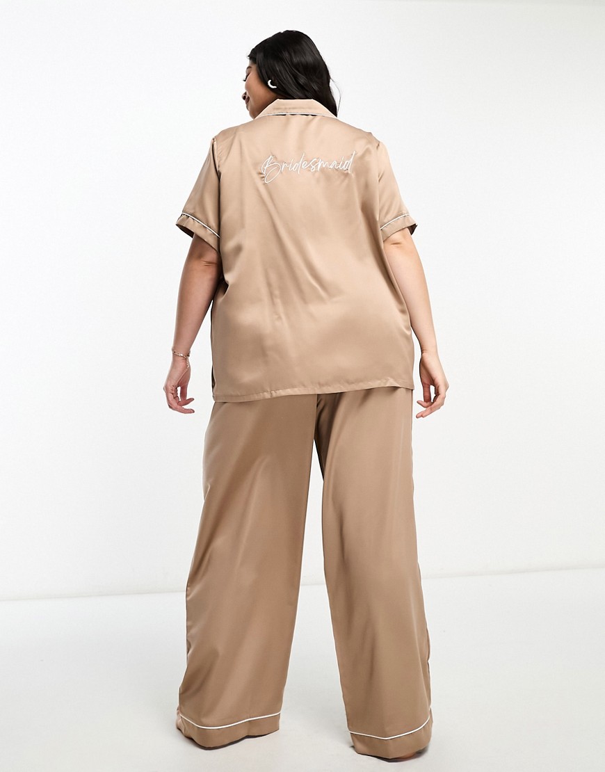 Loungeable Curve bridesmaid satin short sleeve camp collar shirt and pants in taupe