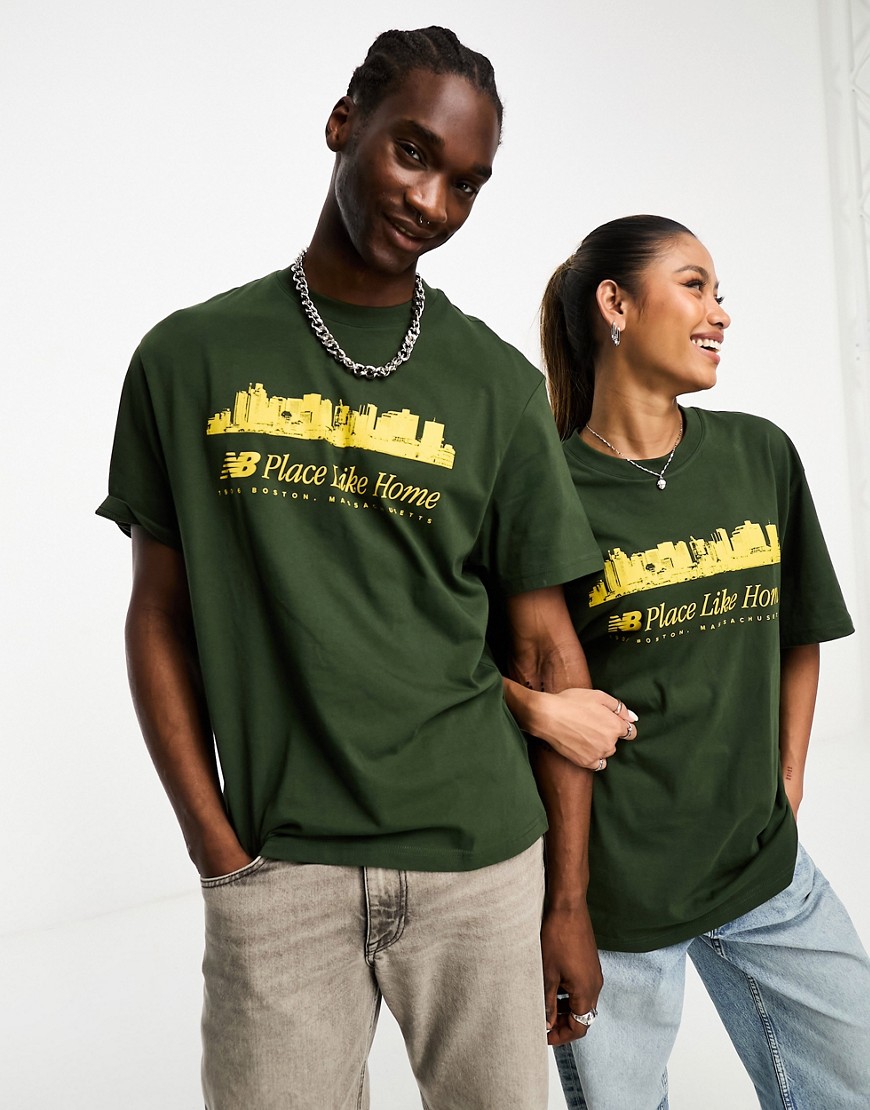New Balance NB Place Like Home oversized unisex T-shirt in dark green and mustard - Exclusive to ASOS