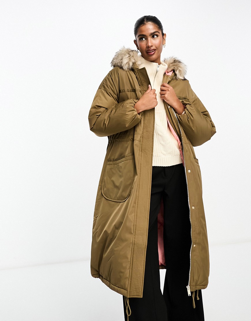 River Island puffer coat with faux fur collar in khaki