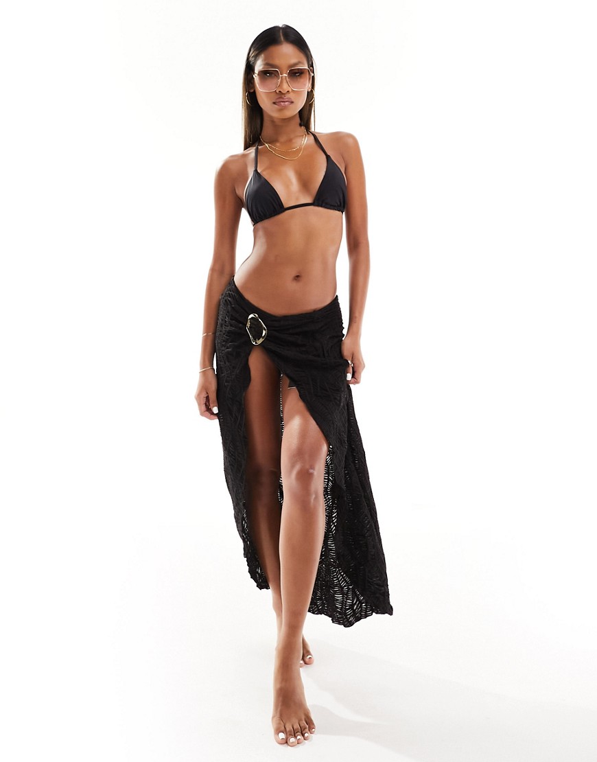 South Beach textured midi beach sarong with gold hardware detail in black