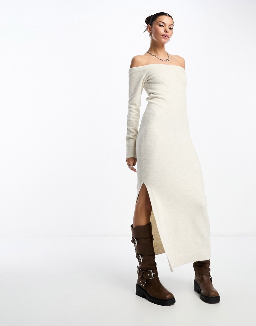 Weekday wool blend off shoulder midaxi knitted sweater dress in off-white melange exclusive to ASOS