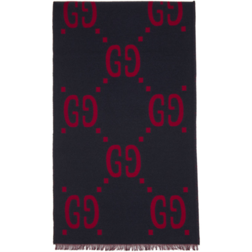 Gucci Navy & Red Jacquard GG Scarf