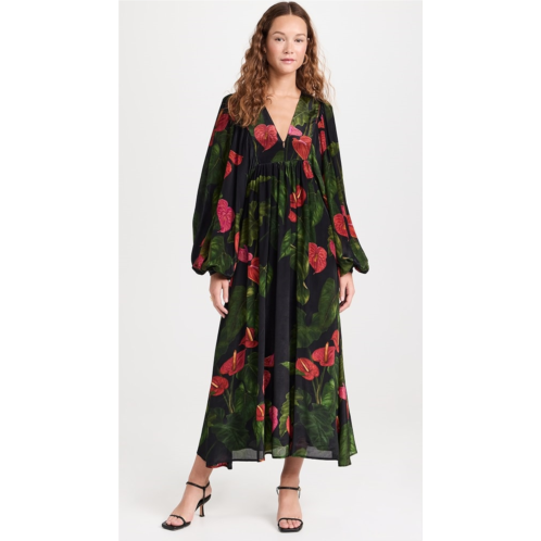 FARM Rio Anthurium Black V Neckline Maxi Dress