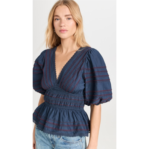 Sea Mable Cambric Puff Sleeve Pleated Top