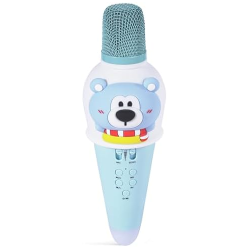 Gingili Life Karaoke Microphone Machine Toys for Kids Toddler 3-12 Years Old Girls Boys with Wireless Bluetooth Mic Speaker LED Light Christmas Birthday Gift with Cute Cartoon Bear Design (Blue