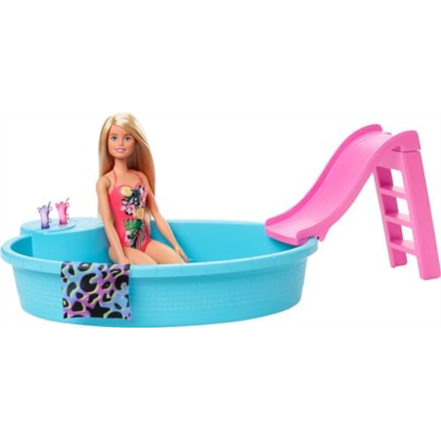 Barbie Doll and Pool Playset with Pink Slide, Beverage Accessories and Towel, Blonde Doll in Tropical Swimsuit
