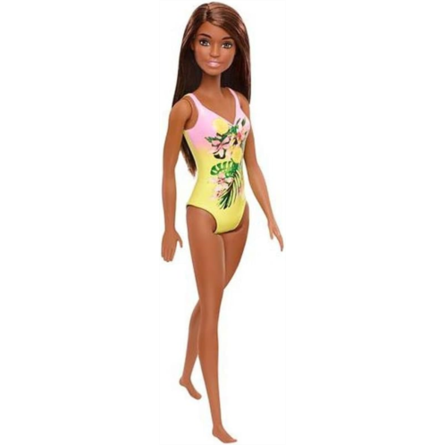 Barbie Doll, Brunette, Wearing Pink and Yellow Floral Swimsuit, for Kids 3 to 7 Years Old