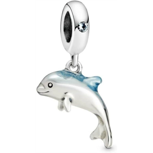 PANDORA Shimmering Dolphin, Navy Enamel & Green Crystal 925 Sterling Silver Dangle Charm - 798947C01