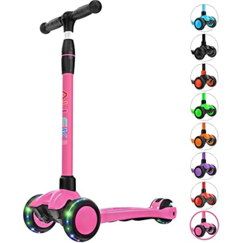 Allek Kick Scooter B03, Lean N Glide 3-Wheeled Push Scooter with Extra Wide PU Light-Up Wheels, Any Height Adjustable Handlebar and Strong Thick Deck for Children from 3-12yrs (Ros