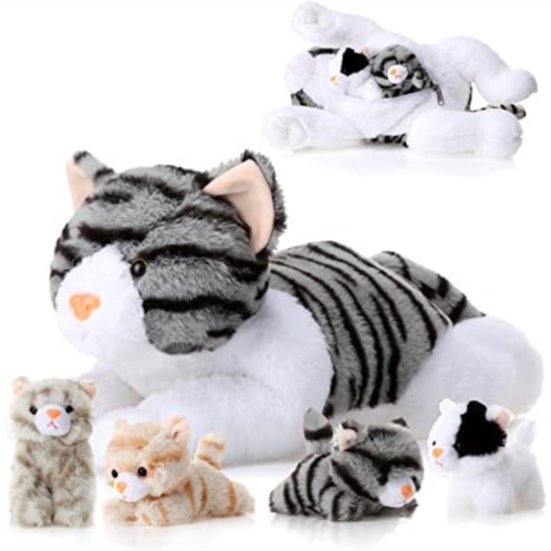 Skylety 5-Piece Cuddly Toy Cat Set with Large Soft Cuddly Toy with 4 Cute Fluffy Plush Kittens in Mums Belly (Grey)