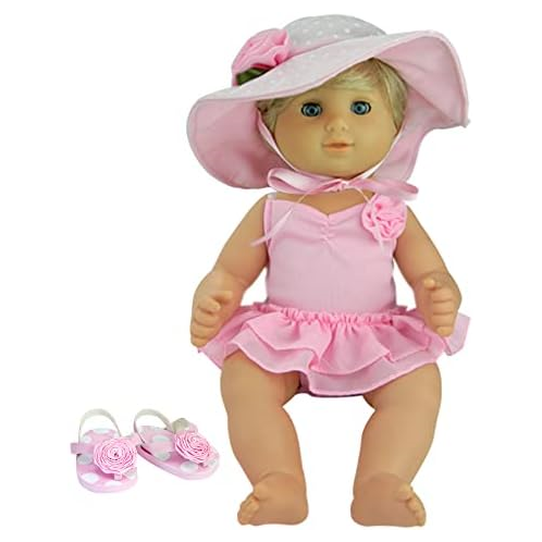 Sophias - 15 Doll - Ballet Style Bathing Suit, Polka Dot Hat & Flip Flop Sandals - Light Pink