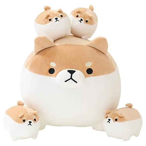 SQEQE Stuffed Animal Shiba Inu Plush Toy with 4 Baby Shiba Inu Plushies in her Tummy, Stuffed Cotton Plush Animal Toy Gift for Kids