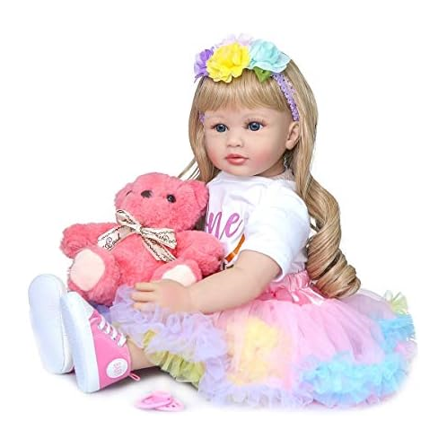 RXDOLL Toddler Reborn Baby Doll Girl Princess with Curly Blonde Hair 24 Inch 60cm Real Life Looking Reborn Toddler Dolls Soft Body Snuggle Cuddle Doll for Girls Gifts