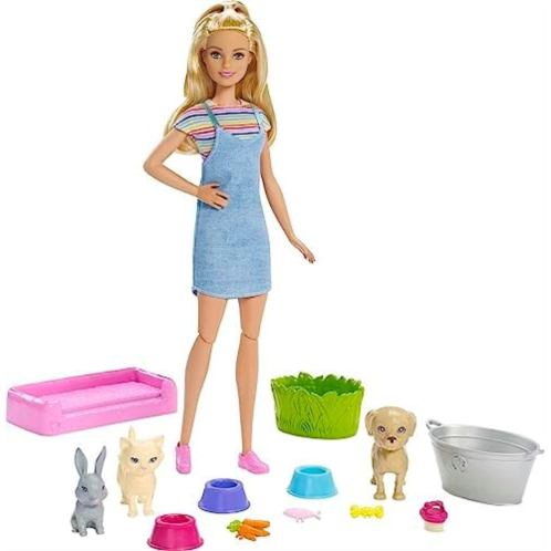 Barbie Play n Wash Pets Doll & Playset with 3 Color-Change Animals & 10 Accessories, Blonde Doll with Blue Eyes