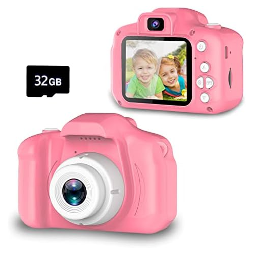 Seckton Upgrade Kids Selfie Camera, Christmas Birthday Gifts for Girls Age 3-9, HD Digital Video Cameras for Toddler, Portable Toy for 3 4 5 6 7 8 Year Old Girl with 32GB SD Card-P