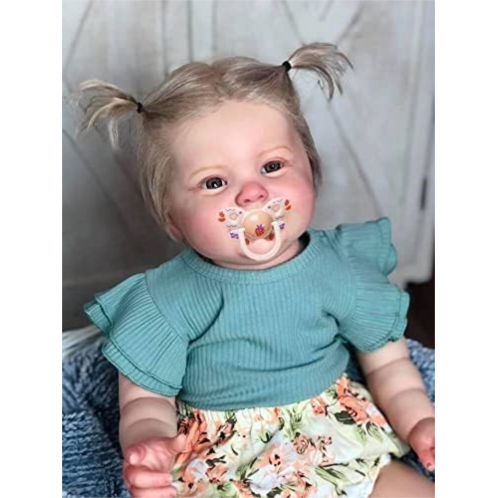 Angelbaby Realistic Big Reborn Baby Dolls 24 inch Lifelike Soft Silicone Newborn Girl Dolls Weighted Cute Smiling Toddler Doll with Teeth Infant Doll Handmade Toy Sets (Green/Flora