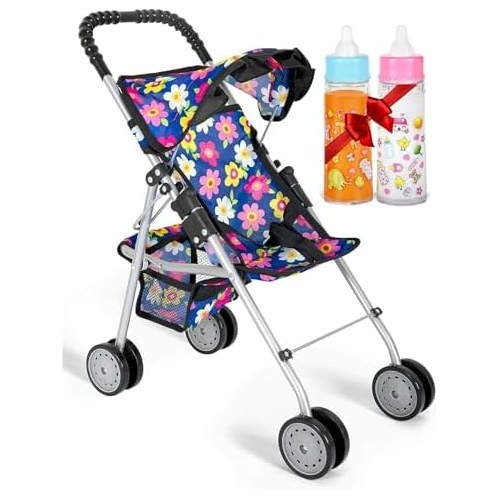 fash n kolor - Doll Stroller My First Baby Doll Strollers Toy - Flower Design with Basket in The Bottom- Doll Accessories 2 Free Magic Bottles Included - New Year Gift, Boys, Girl