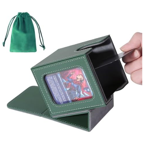 AFIING MTG Deck Box for Commander Display,Card Deck Box Fits 100 Double Sleeved Cards, Magic Commander TCG Card Storage Box with 2 Dividers,Drawstring Bag and 1 Toploader(Green/Grey)