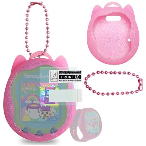 JCHPINE Silicone Case Replacement for Tamagotchi Uni, Screen Protector for Tamagotchi Uni Band Pet Accessories(Silicone Case and Screen Film) (Pink Case)