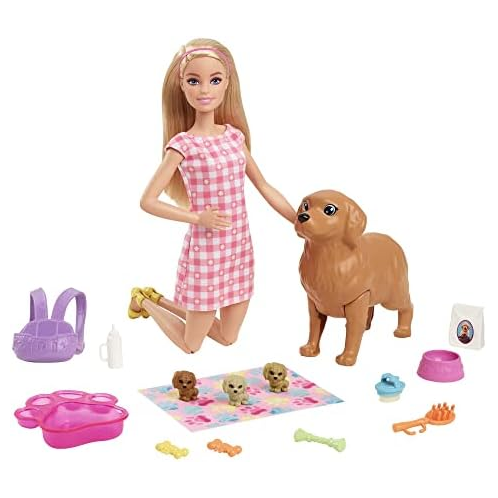 Barbie Doll and Pets, Blonde Doll with Mommy Dog, 3 Newborn Puppies with Color-Change Feature and Pet Accessories