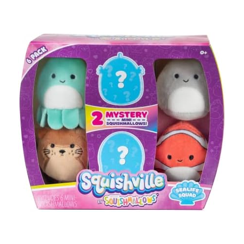 Squishville by Squishmallows SQM0067 Mystery Sealife Squad, Six 2 Sea Animals, Irresistibly Soft Colourful Plush, Mini Shark, Otter, and Seahorse Squishmallows