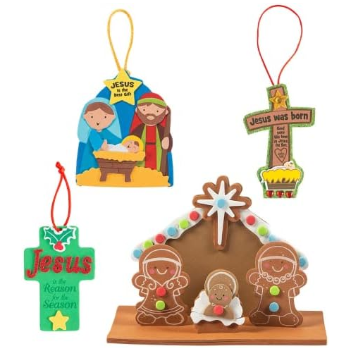 UltreBeatus Christmas Nativity Ornament Crafts Kit Kids (Set of 4) Gingerbread Nativity, Jesus was Born Cross, Jesus is Reason Season Fun DIY Activity Art Craft Kit Children (IN-138)
