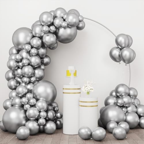 RUBFAC 96pcs Metallic Silver Balloons Latex Balloons Different Sizes 18 12 10 5 Inches Party Balloon Kit for Birthday Party Graduation Baby Shower Wedding Holiday Easter Decoration