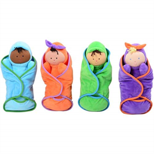 Constructive Playthings Swaddle Soft Baby Doll Toys with Matching Pockets, Multicultural Dolls, Daycare Essentials, Circle Time, Hook and Loop Closure, All Ages, Multicolor, Set of