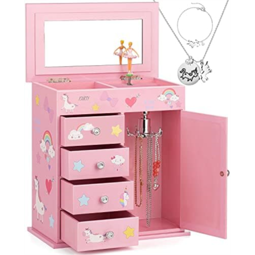 efubaby Upgrade Jewelry Box for Girls 5-Layer with Swing Door Spinning Ballerina Unicorn &Castle Design Unicorn Jewelry Set Included Kids Jewelry Box for Little Girls Birthday Chri