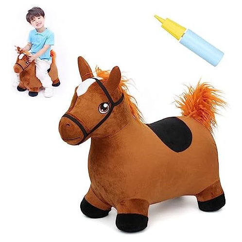 INPANY Bouncy Horse Toys for 1 2 Year Old Boy Birthday Gifts, Toddlers/Kids Brown Plush Hopping Toy, Inflatable Animal Hopper, Jumping Horse, Outdoor Indoor Ride on Rubber Bouncer