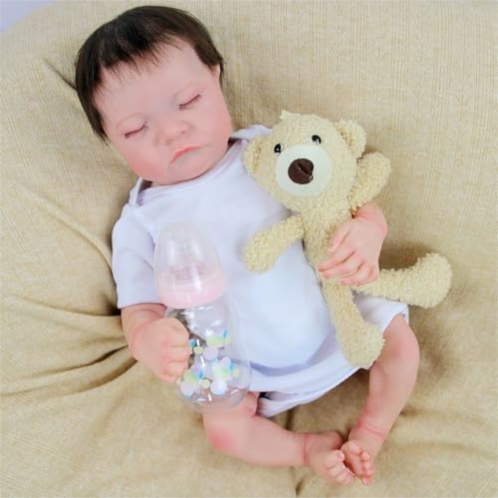 Hgcar 17 Inch Soft Silicone Reborn Baby Long Hair Girl Doll Toy Lifelike Realistic Baby Sleeping Baby